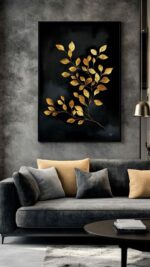Luxuriöse Goldblatt-Wandkunst auf Schwarzer Leinwand – Elegantes Modernes Botanisches Design für Anspruchsvolle Wohnräume - Image 2