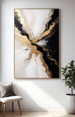 Luxuriöse Schwarz-Gold Abstrakte Wandkunst – Moderne Minimalistische Leinwand mit Weiß- und Metallakzenten