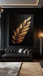 Luxuriöse Schwarz-Goldene Blatt-Wandkunst – Moderne 3D-Botanische Metallstruktur auf Leinwand für Elegante Wohnräume - Image 2