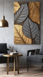 Luxuriöse Gold- und Grau-Abstrakte Botanische Wandkunst – Modernes Strukturiertes Leinwandgemälde mit Metallischen Details für Elegante Innenräume - Image 2