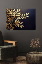 Luxuriöse Goldblatt-Wandkunst auf Schwarzer Leinwand – Elegantes Modernes Botanisches Design für Anspruchsvolle Wohnräume