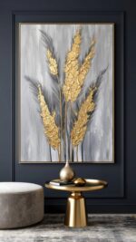 Luxuriöse Gold- und Grau-Abstrakte Botanische Wandkunst – Modernes Strukturiertes Leinwandgemälde mit Metallischen Details für Elegante Innenräume