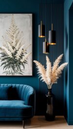 Weiße Florale Botanische Wandkunst – Elegante Leinwand in Creme und Tief-Türkis für Moderne Luxus-Innenräume