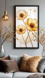 Goldene Blüten – Botanische Wandkunst Moderne Florale Leinwandmalerei in Warmen Bernstein- und Beigetönen für Elegante Wohnräume