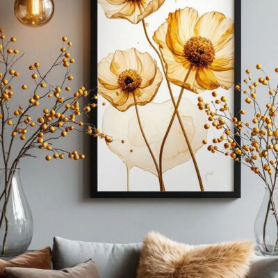 Goldene Blüten – Botanische Wandkunst Moderne Florale Leinwandmalerei in Warmen Bernstein- und Beigetönen für Elegante Wohnräume