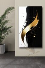 Schwarz-Goldene Abstrakte Wandkunst – Moderne Minimalistische Luxus-Leinwand mit Fließendem Metallischen Pinselstrich