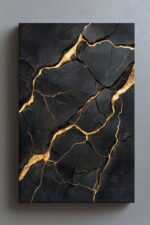 Schwarz-Goldene Kintsugi Abstrakte Wandkunst – Luxuriöse Textur-Leinwand im Modernen Stil, Inspiriert von Gebrochenem Stein und Licht