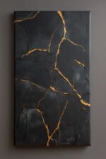 Schwarz-Goldene Kintsugi Abstrakte Wandkunst – Luxuriöse Textur-Leinwand im Modernen Stil, Inspiriert von Gebrochenem Stein und Licht - Image 2