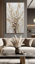 Neutrale Beige- und Weiß-Texturierte Botanische Wandkunst – Modernes 3D-Blumen-Leinwandgemälde für Minimalistische und Luxuriöse Innenräume