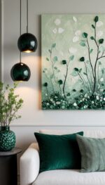 Smaragdgrüne Botanische Wandkunst – Strukturierte 3D-Naturleinwand mit Edelstein-Akzenten für Moderne Luxus-Innenräume