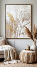 Neutrale Beige- und Weiß-Texturierte Botanische Wandkunst – Modernes 3D-Blumen-Leinwandgemälde für Minimalistische und Luxuriöse Innenräume - Image 2