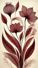 Elegante Linienkunst Botanische Wandkunst – Minimalistische Blumen-Leinwand in Terrakotta und Schwarz für Moderne Wohnkultur