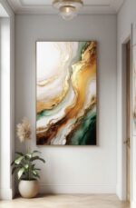 Smaragd- und Gold Abstrakte Wandkunst – Luxus Leinwand im Marmor-Stil mit Weiß- und Grüntönen